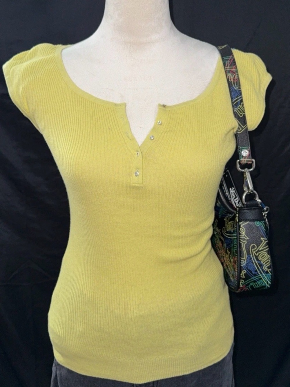 bebe green Ribbed Short Sleeve Henley Y2K